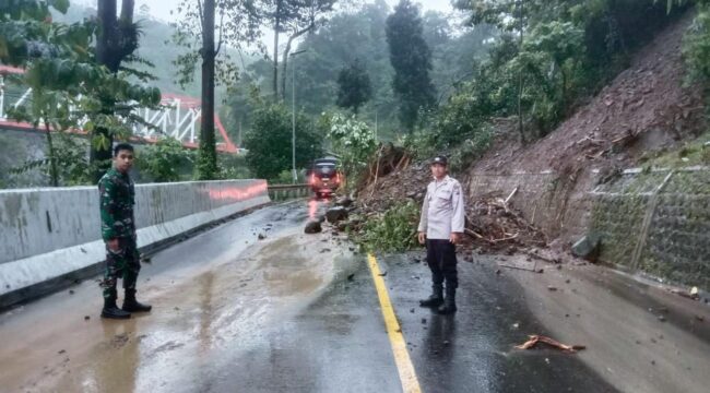 LONGSOR: Jalur Piket Nol Lumajang mengalami tanah longsor sehingga buka-tutup jalur diberlakukan agar arus lalu-lintas tidak macet total. (Foto: Asmadi)