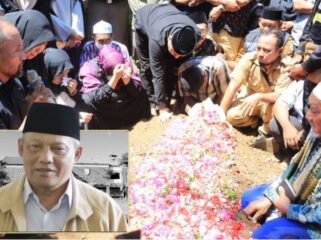 MENINGGAL: Prosesi pemakaman HM. Buchori di Pemakaman Kyai Lembung Pilang, Kademangan, Kota Probolinggo. Insert: Foto almarhum semasa hidup. (Foto: Hafiz Rozani)