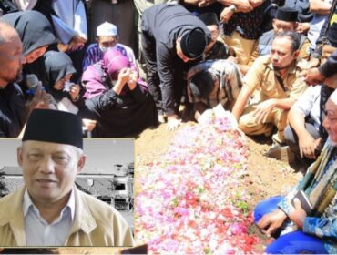 MENINGGAL: Prosesi pemakaman HM. Buchori di Pemakaman Kyai Lembung Pilang, Kademangan, Kota Probolinggo. Insert: Foto almarhum semasa hidup. (Foto: Hafiz Rozani)