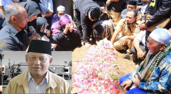MENINGGAL: Prosesi pemakaman HM. Buchori di Pemakaman Kyai Lembung Pilang, Kademangan, Kota Probolinggo. Insert: Foto almarhum semasa hidup. (Foto: Hafiz Rozani)