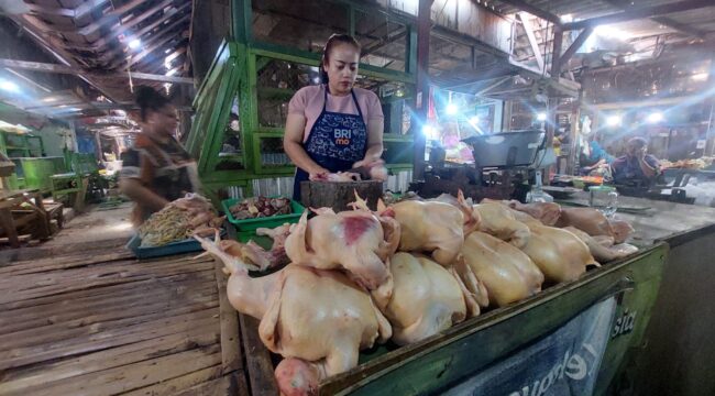 MAHAL: Penjual daging ayam potong di Pasar Baru Kota Probolinggo, Murdiana sedang memotong daging ayam jualannya. (foto: Hafiz Rozani).