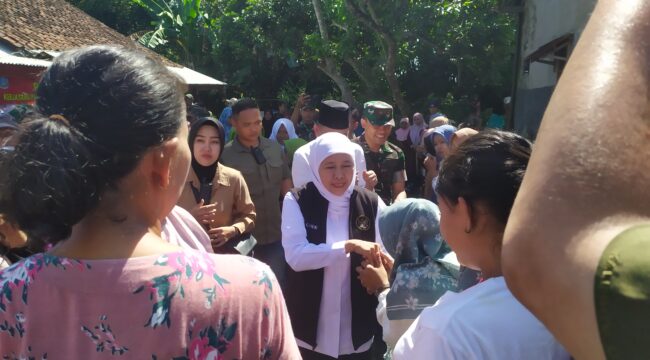 TINJAU: Gubernur Jatim, Khofifah Indar Parawansa, saat meninjau program RTLH di Dusun Sumuran, Desa Ajung, Kecamatan Ajung, Kabupaten Jember, Jumat (13/9/25) siang. (Foto: M. Abd Rozaq Mubarok). 
