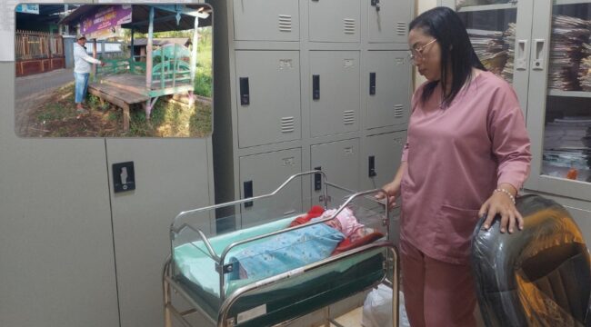 MALANG: Bidan Puskesmas Sumberasih, Kabupaten Probolinggo, mengecek kondisi bayi perempuan yang ditemukan di pos ronda. Insert: Lokasi penemuan bayi. (foto: Hafiz Rozani)