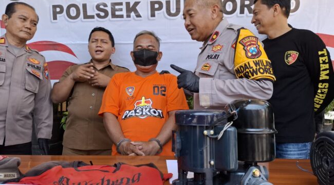 Polsek Purworejo merilis pengungkapan kasus pencurian pompa air yang meresahkan warga Kota Pasuruan.